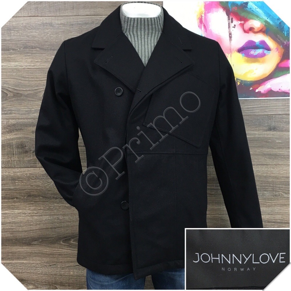 JOHHNY LOVE Mens Pea Coat Jacket Wool Size XL Sport Long Overcoat Black
